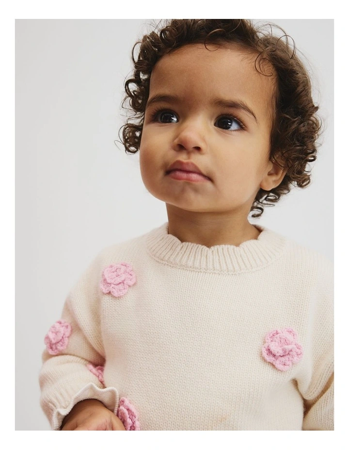 Flower Motif Knit Sweater in Oyster image 3