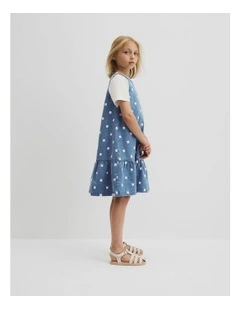 Spot Embroidered Denim Mini Dress in Mid Blue Wash