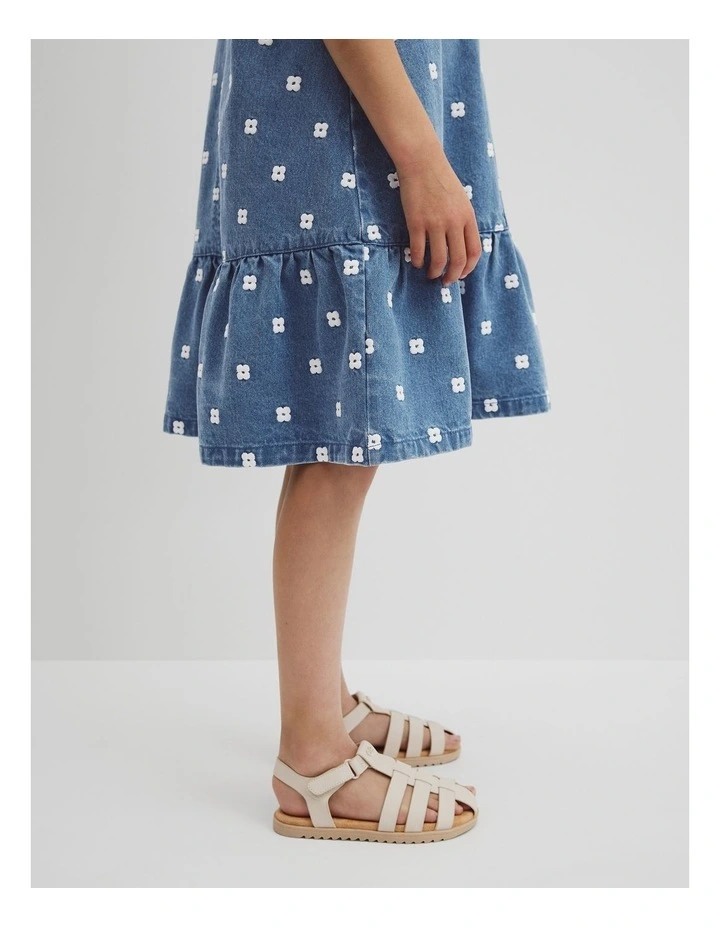 Spot Embroidered Denim Mini Dress in Mid Blue Wash image 2