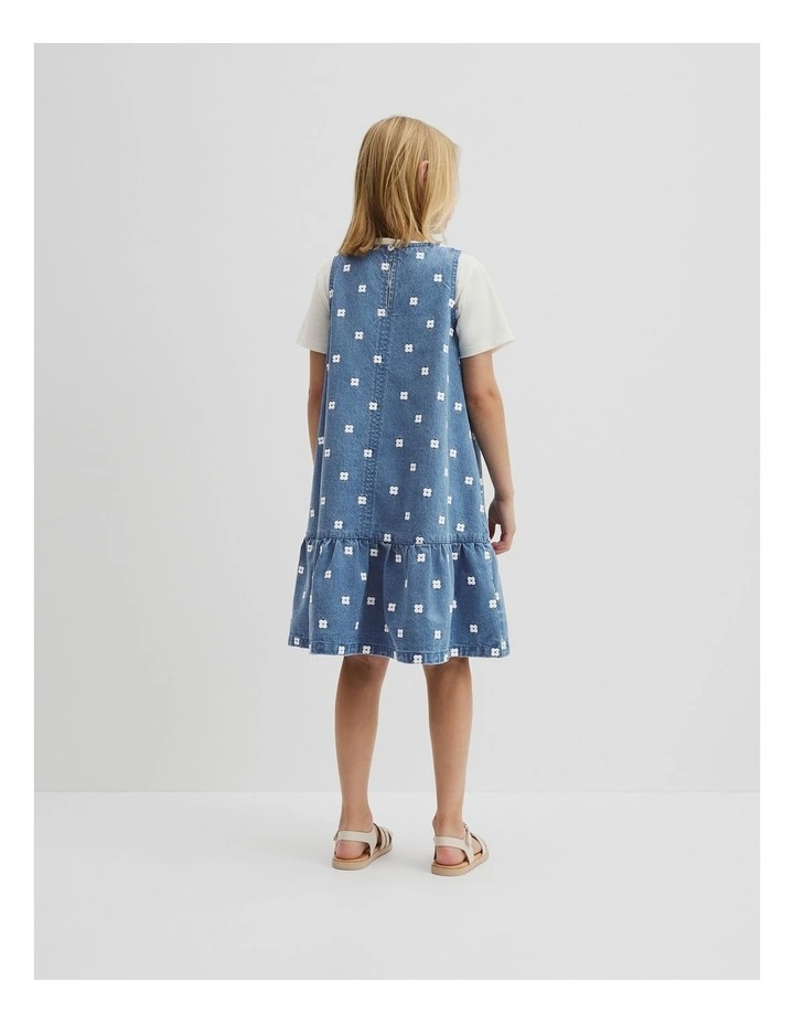 Spot Embroidered Denim Mini Dress in Mid Blue Wash image 3