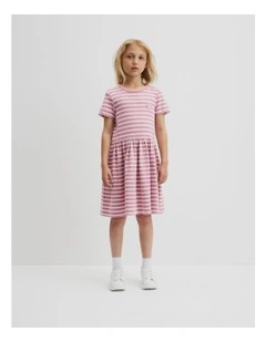 Gathered Rib T-shirt Dress in Berry Stripe