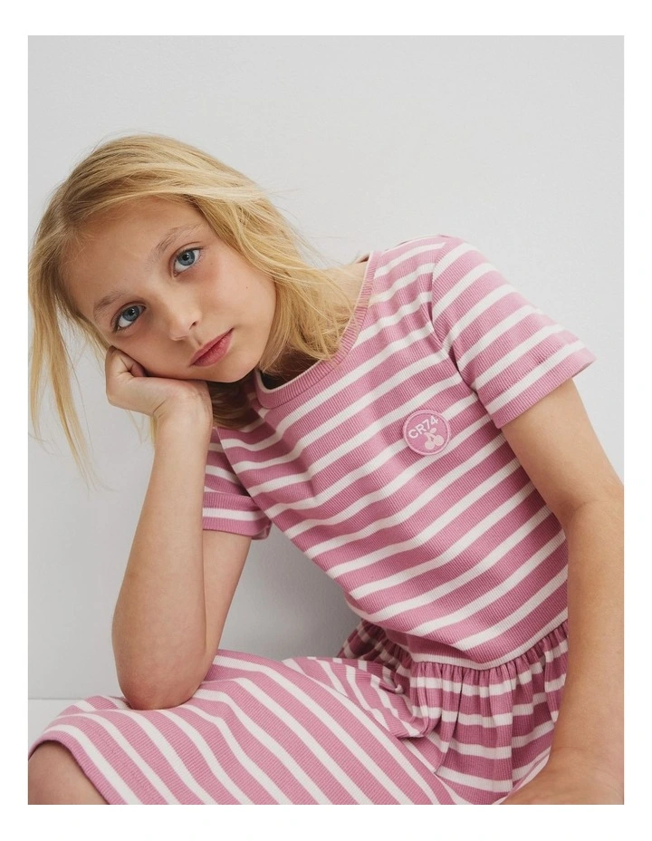 Gathered Rib T-shirt Dress in Berry Stripe image 2