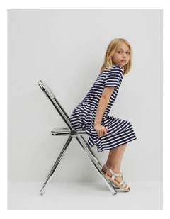 Gathered Rib T-shirt Dress in Navy Stripe