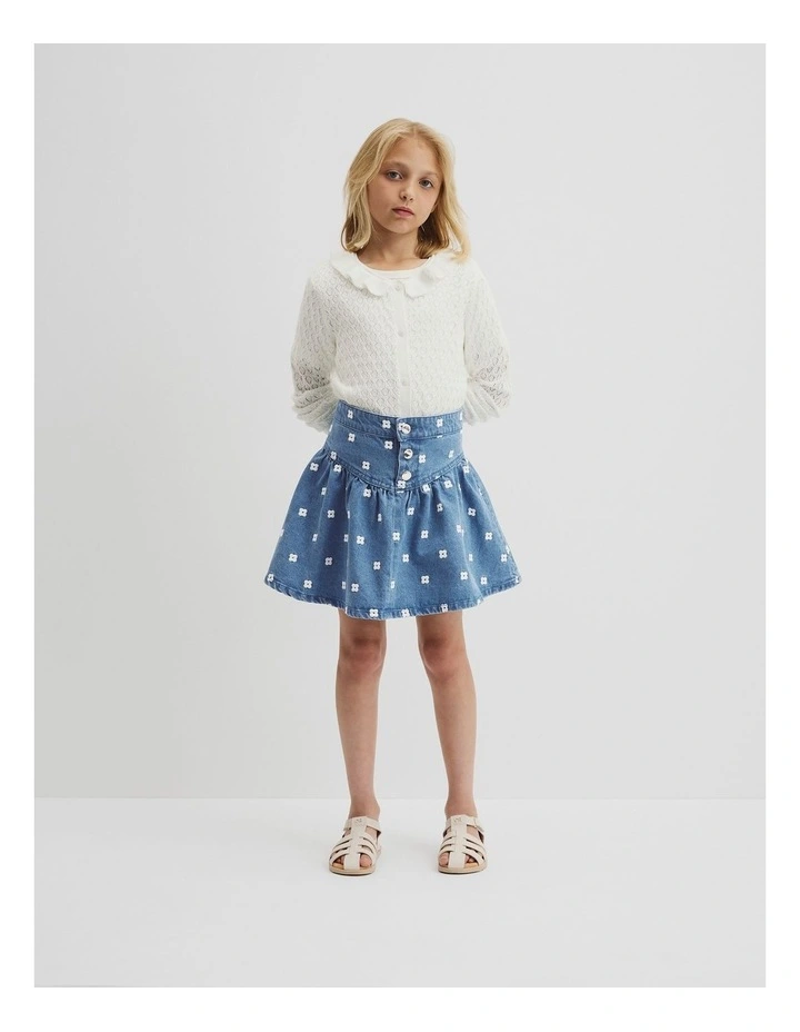 Spot Embroidered Denim Skirt in Mid Blue Wash image 1
