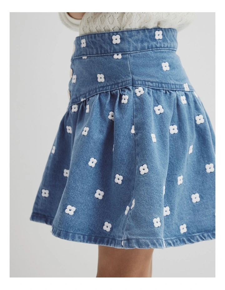 Spot Embroidered Denim Skirt in Mid Blue Wash image 2