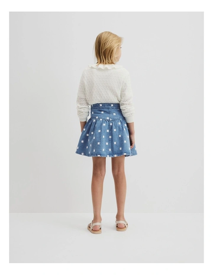 Spot Embroidered Denim Skirt in Mid Blue Wash image 3