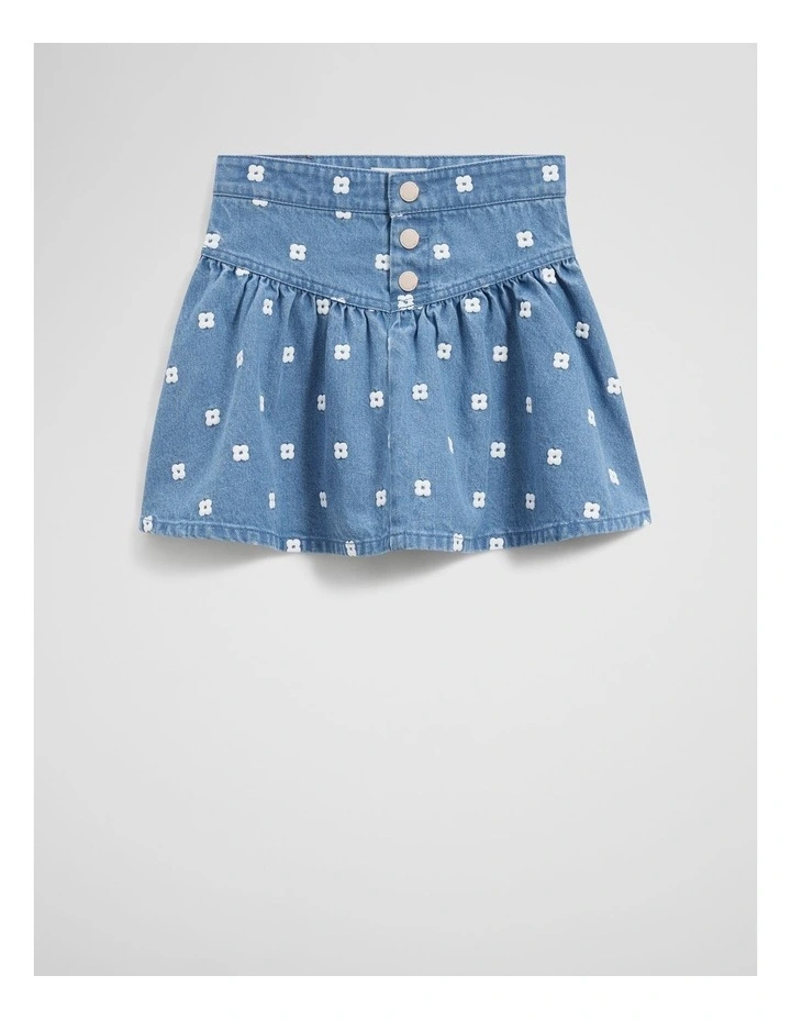 Spot Embroidered Denim Skirt in Mid Blue Wash image 4