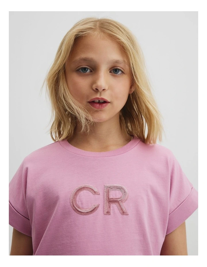 Organically Grown Cotton Cr Sequin Logo T-shirt in Berry image 2