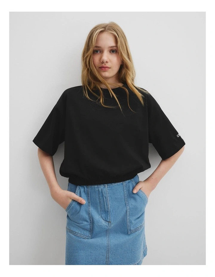 Teen Recycled Cotton Blend Elasticated T-shirt in Black image 2