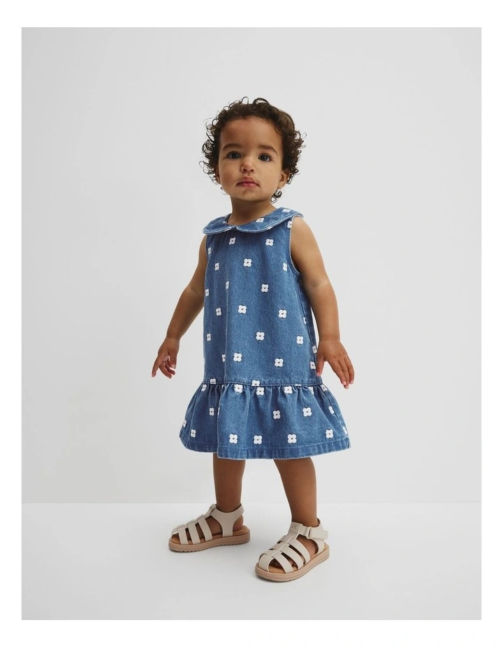 Spot Embroidered Denim Mini Dress in Mid Blue Wash image 1