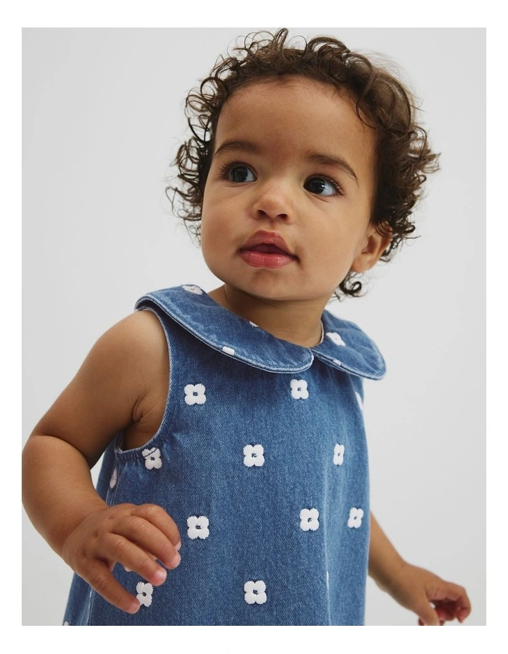 Spot Embroidered Denim Mini Dress in Mid Blue Wash image 2