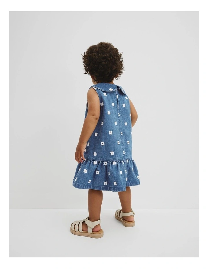 Spot Embroidered Denim Mini Dress in Mid Blue Wash image 3