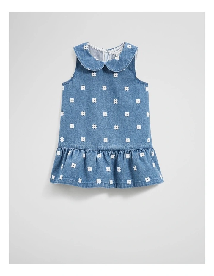 Spot Embroidered Denim Mini Dress in Mid Blue Wash image 4