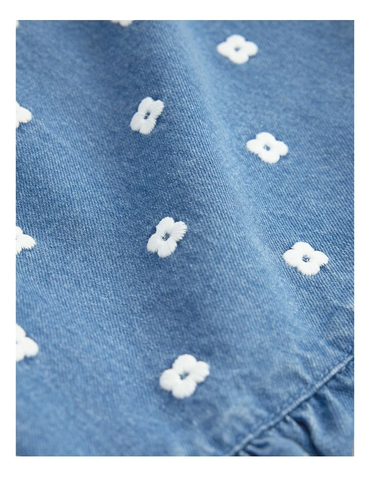 Spot Embroidered Denim Mini Dress in Mid Blue Wash image 5