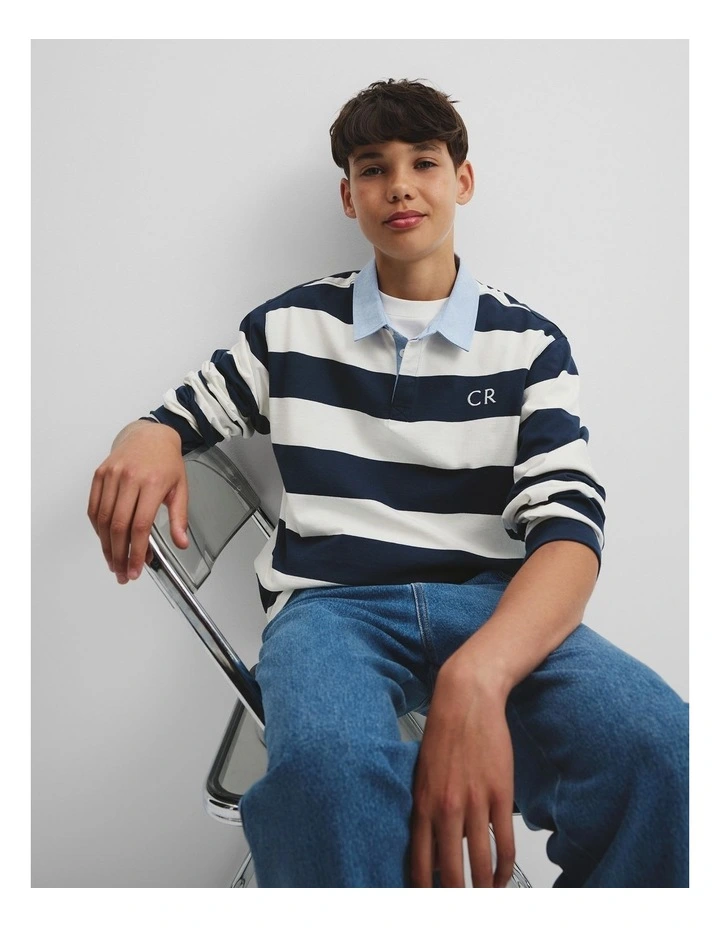 Teen Long Sleeve Rugby T-shirt in Navy Stripe image 2