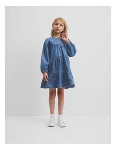 Denim Tiered Dress in Dark Indigo