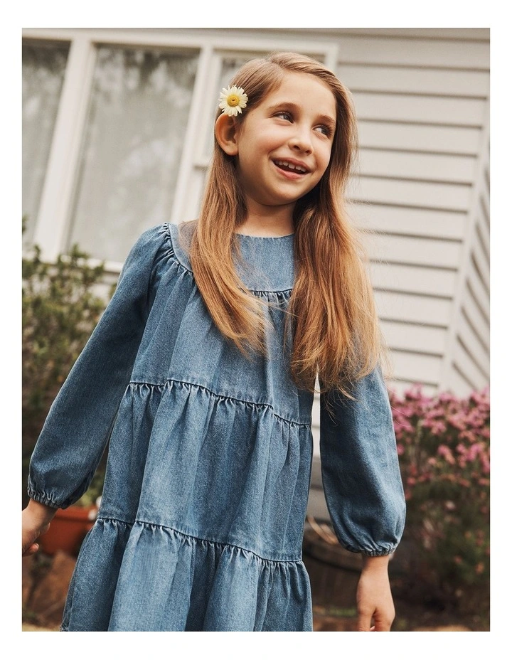 Denim Tiered Dress in Dark Indigo image 2