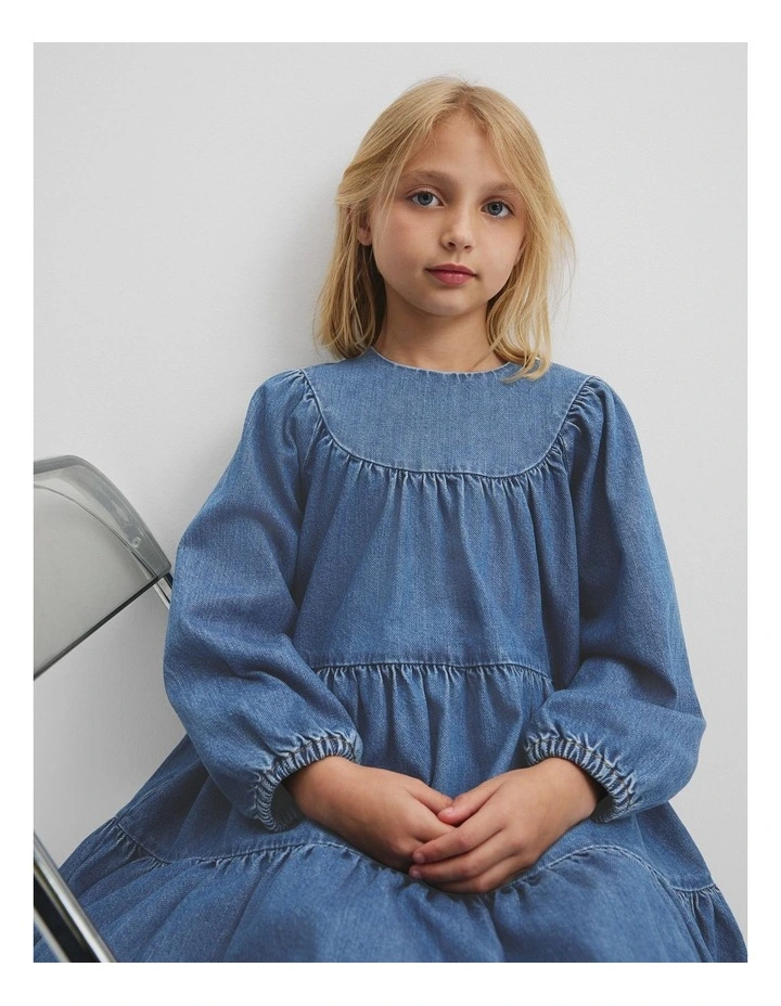 Denim Tiered Dress in Dark Indigo image 3