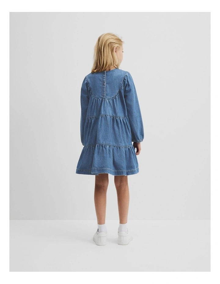 Denim Tiered Dress in Dark Indigo image 4
