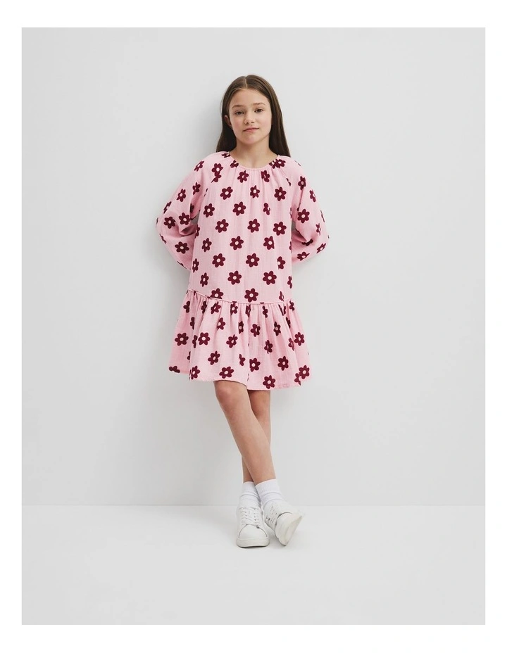 Drop Waist Long Sleeve Dress in Pink Floral image 1