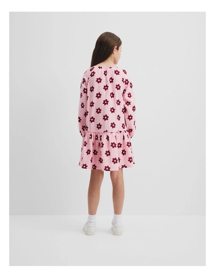 Drop Waist Long Sleeve Dress in Pink Floral image 2