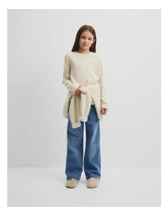 Organically Grown Cotton Long Sleeve Curved Logo T-shirt in Oatmeal Spot