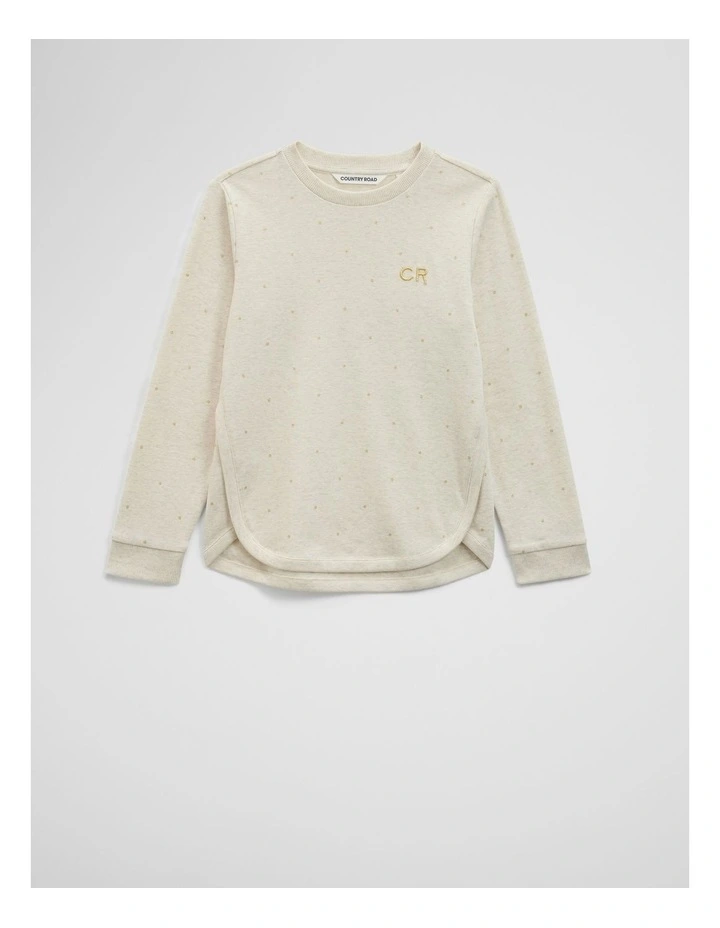 Organically Grown Cotton Long Sleeve Curved Logo T-shirt in Oatmeal Spot image 4