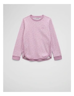 Organically Grown Cotton Long Sleeve Curved Logo T-shirt in Berry Ditsy