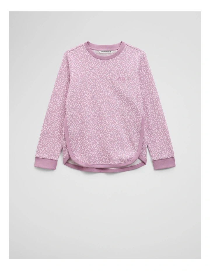 Organically Grown Cotton Long Sleeve Curved Logo T-shirt in Berry Ditsy image 1