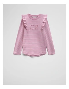 Long Sleeve Logo Frill T-shirt in Berry Stripe