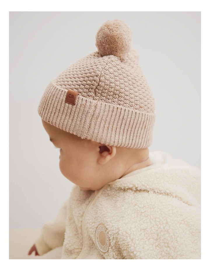 Organically Grown Cotton Cord Pom Pom Knit Beanie in Wafer image 2