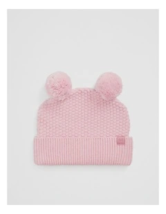 Organically Grown Cotton Cord Pom Pom Knit Beanie in Mineral Pink