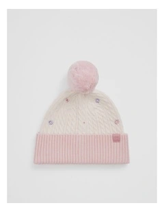 Cable Embroidered Beanie in Mineral Pink