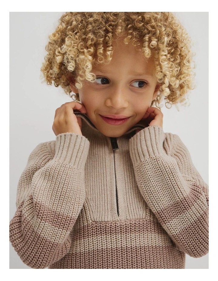 Stripe Half Zip Knit in Stone Marle image 2