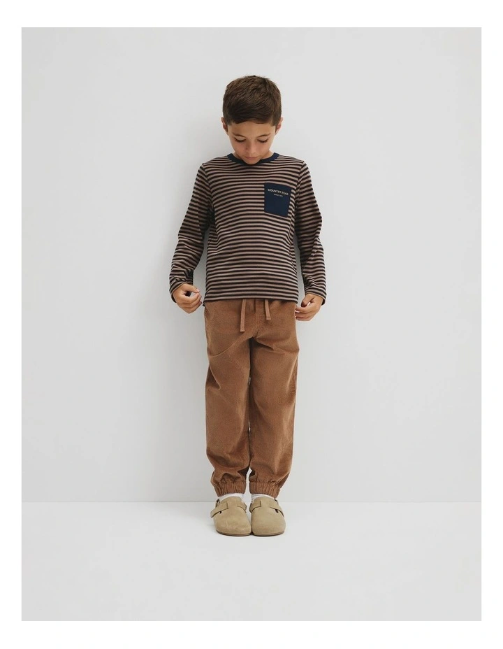 Organically Grown Cotton Long Sleeve Pocket T-shirt in Camel Navy Stripe image 1