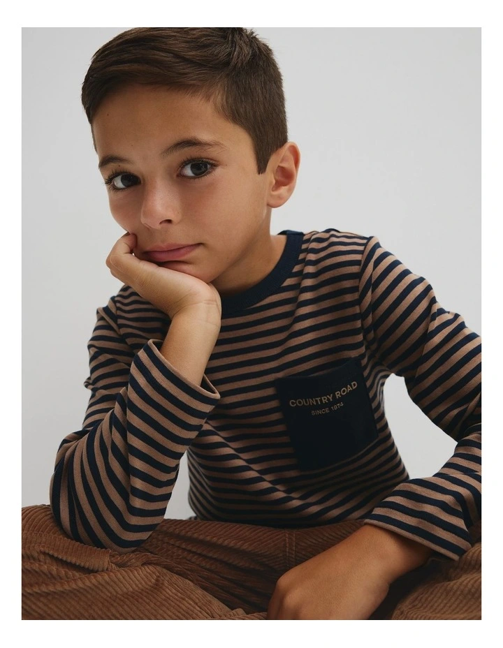 Organically Grown Cotton Long Sleeve Pocket T-shirt in Camel Navy Stripe image 2