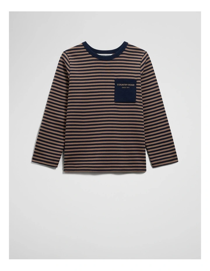 Organically Grown Cotton Long Sleeve Pocket T-shirt in Camel Navy Stripe image 4