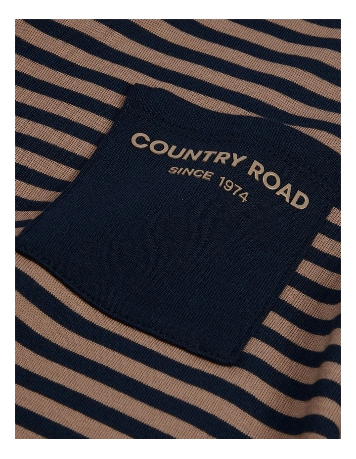 Organically Grown Cotton Long Sleeve Pocket T-shirt in Camel Navy Stripe image 5