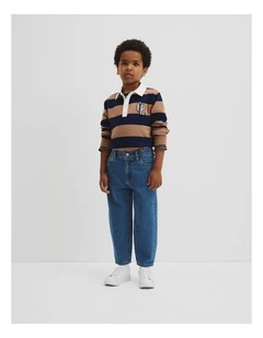 Organically Grown Cotton Block Stripe Rugby in Camel Navy Stripe