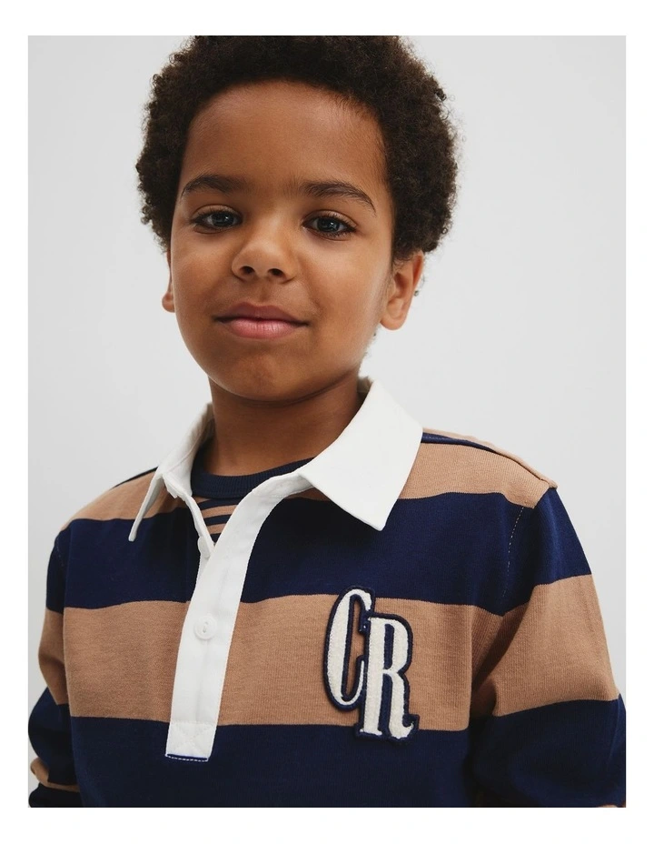 Organically Grown Cotton Block Stripe Rugby in Camel Navy Stripe image 2