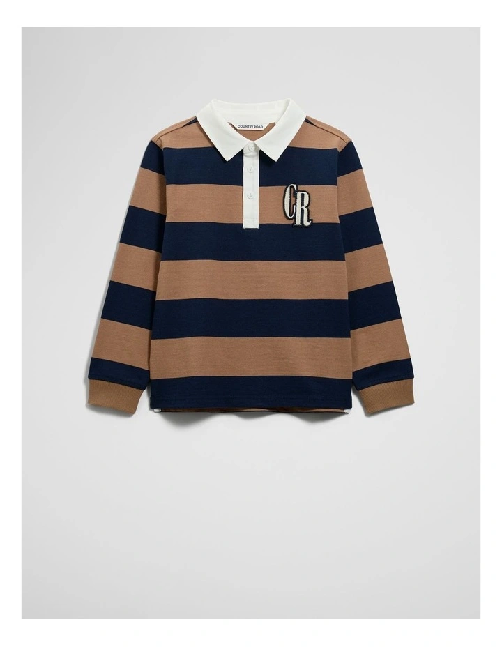 Organically Grown Cotton Block Stripe Rugby in Camel Navy Stripe image 4