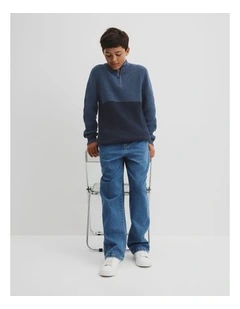 Teen Australian Cotton Spliced Half Zip Knit in Deep Blue