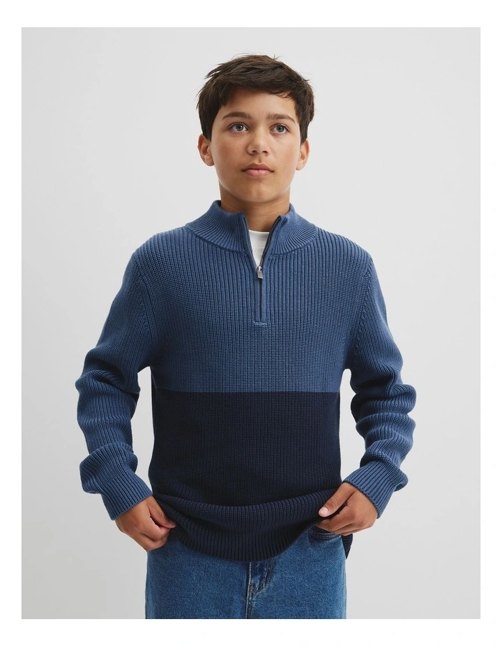 Teen Australian Cotton Spliced Half Zip Knit in Deep Blue image 2