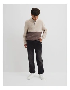 Teen Australian Cotton Spliced Half Zip Knit in Stone Marle