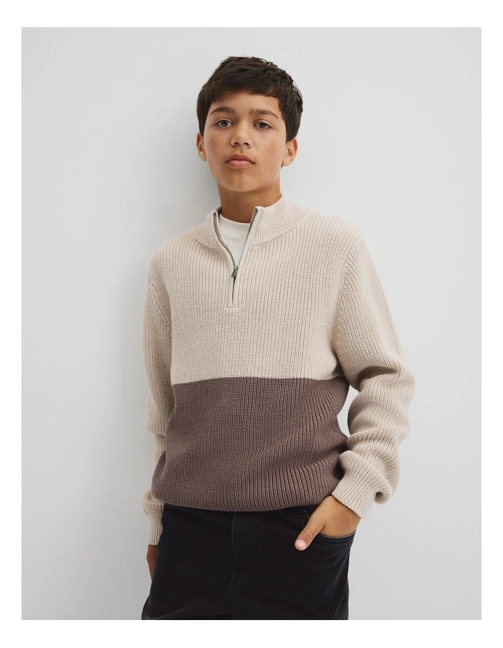 Teen Australian Cotton Spliced Half Zip Knit in Stone Marle image 2