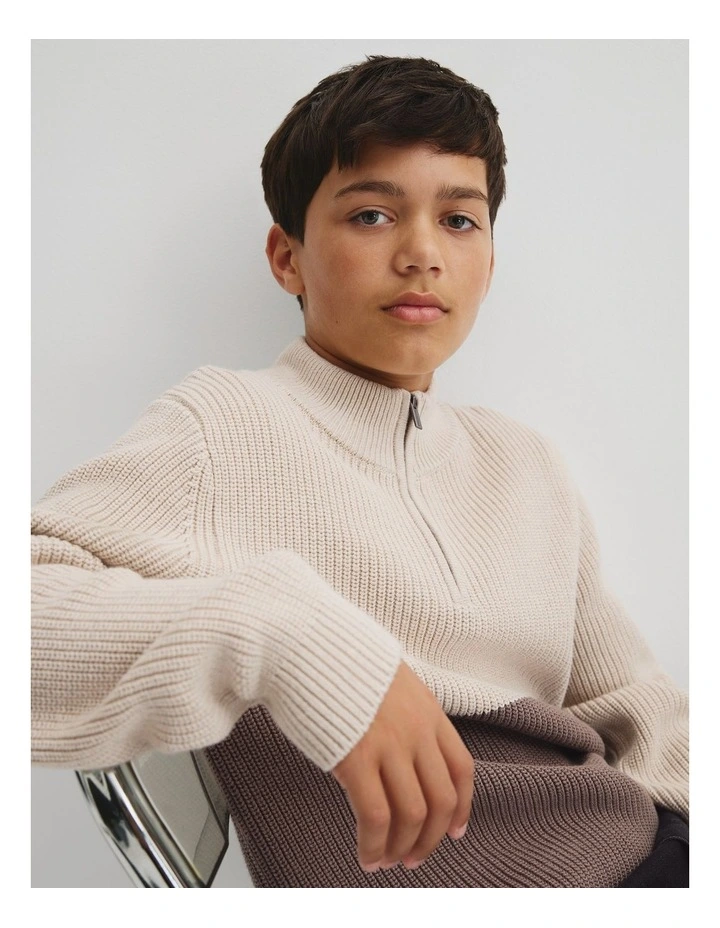 Teen Australian Cotton Spliced Half Zip Knit in Stone Marle image 3