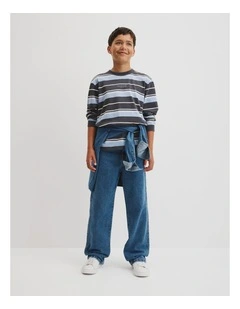 Teen Australian Cotton Relaxed Long Sleeve T-shirt in Graphite Stripe