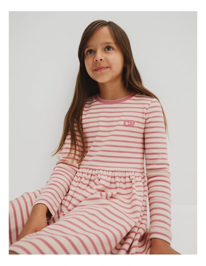 Long Sleeve Gathered Rib Dress in Rosewood Stripe image 2