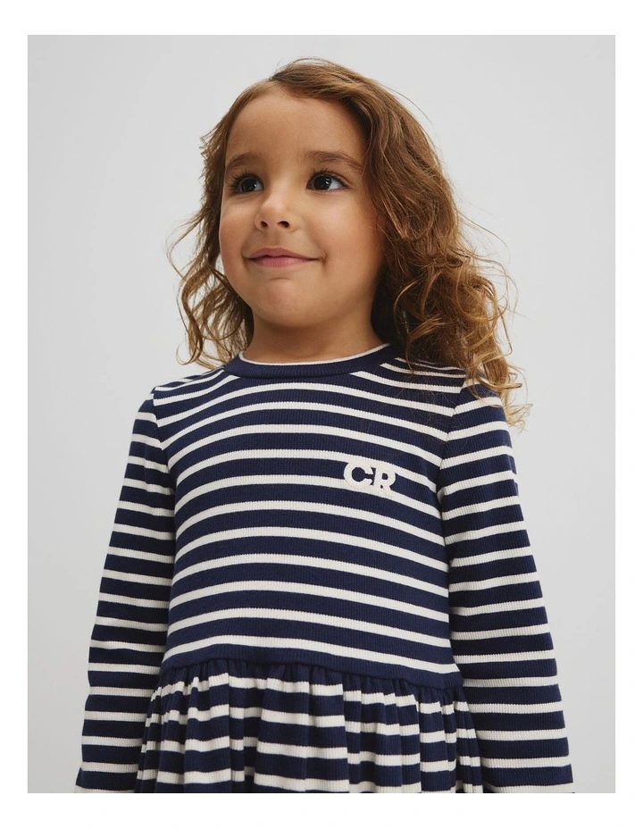 Long Sleeve Gathered Rib Dress in Navy Stripe image 2