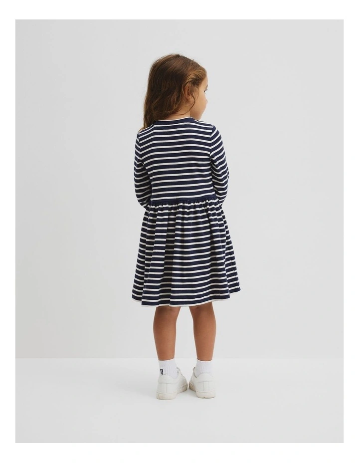 Long Sleeve Gathered Rib Dress in Navy Stripe image 3